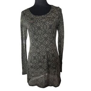 Peruvian Connection Black Beige Pattern Long Sleeve Tunic‎ Top